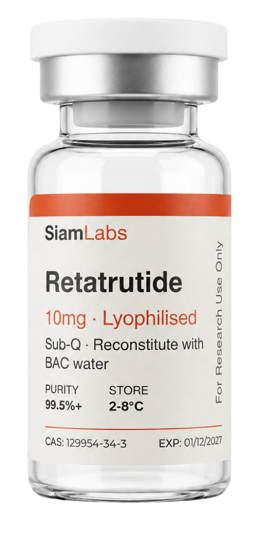 A Siam Labs vial of Retatrutide, 10 mg, lyophilised